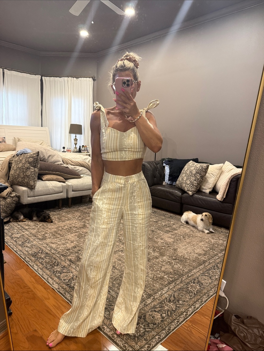 Shore Wide-Leg High-Waist Pants & Tie-Shoulder Cropped Top Set